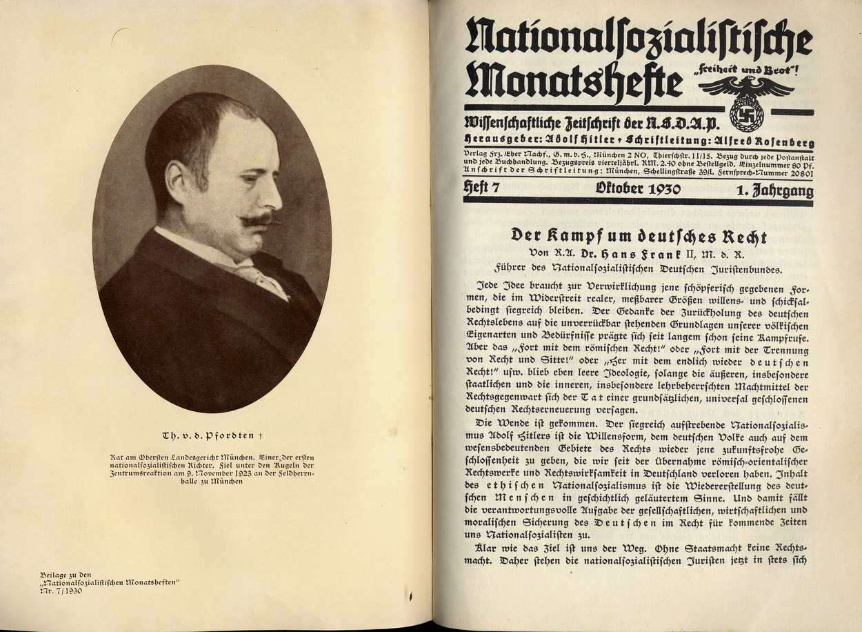 Hans Frank, Der Kampf um deutsches Recht, in: Nationalsozialistische Monatshefte 7, Oktober 1930
