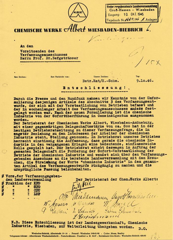 Bild zum Dokument Schreiben des Betriebsrates der Chemischen Werke Albert an den
