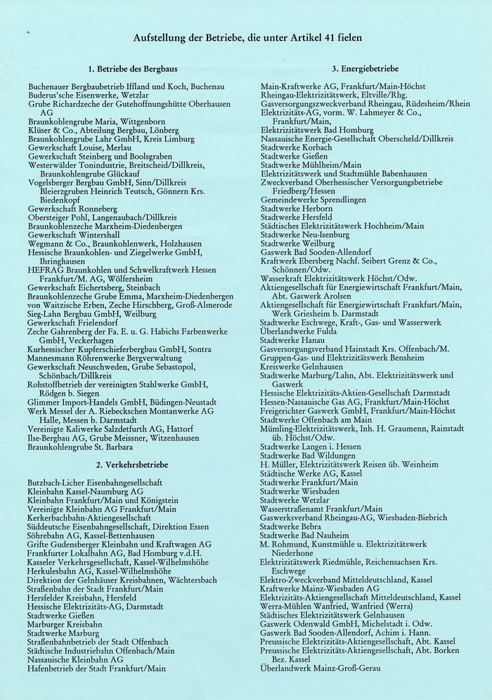 Bild zum Dokument Liste der hessischen Betriebe, die unter Art. 41 (Überführung