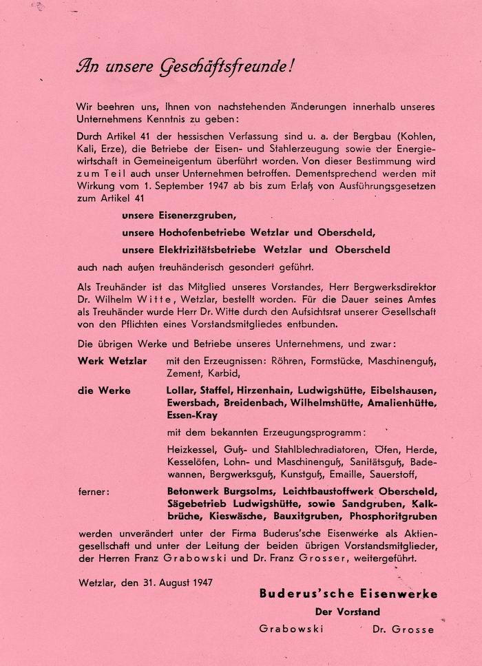 Bild zum Dokument Mitteilung der Buderus AG in Wetzlar "An unsere Geschäftsfreun