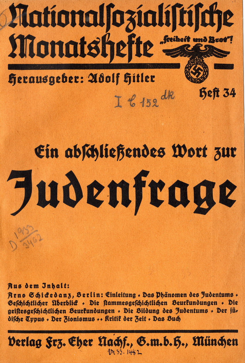 Die "Judenfrage" in den Nationalsozialistischen Monatsheften, hg. von Adolf Hitler,  Jg. 1-4, 1930-1933