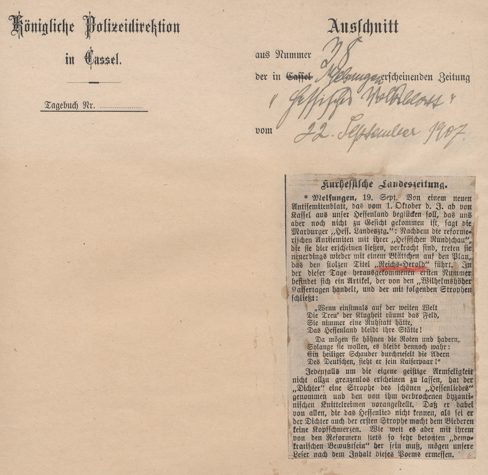 Ausschnitt aus "Hessisches Volksblatt" (Melsungen) zum Erscheinen der Zeitschrift "Reichsherold", 22. September 1907