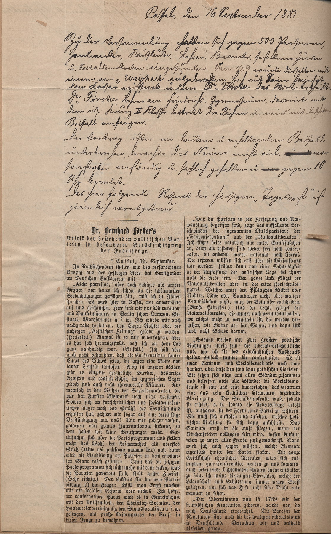 Bericht über eine Rede von Bernhard Förster zur Judenfrage in Kassel, 16. September 1881