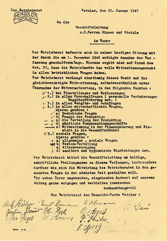 Bild zum Dokument Schreiben des Betriebsrates der Firma Hensoldt in Wetzlar an d