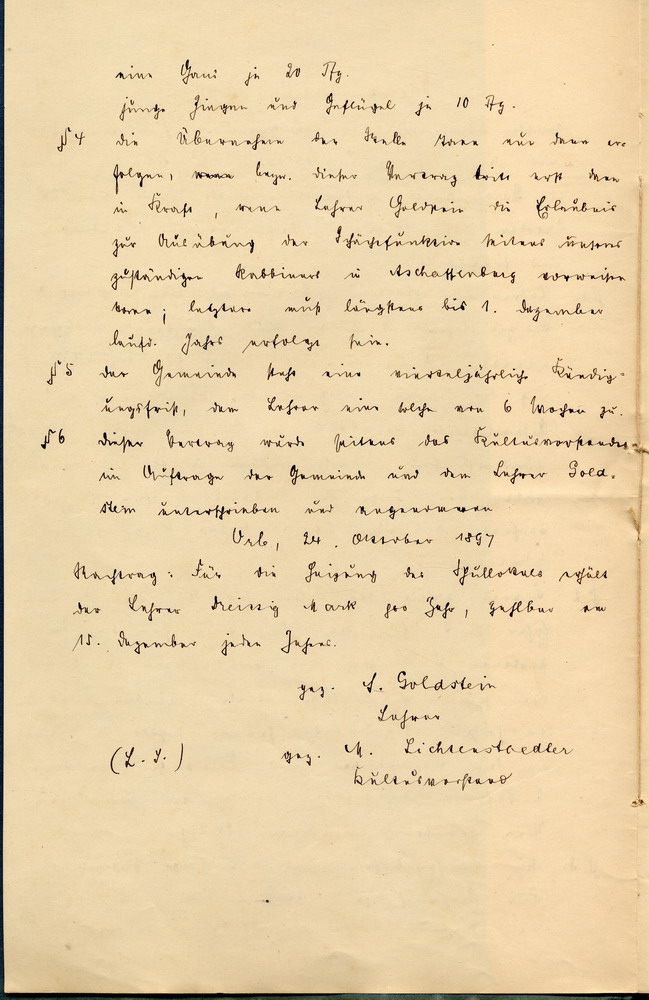 Dienstleistungsvertrag zwischen der Synagogengemeinde Orb und dem Lehrer Goldstein, 24. Oktober 1897