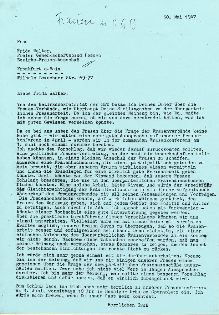 Bild zum Dokument Schreiben Anna Beyers vom 30. Mai 1947 an Frida Walter (FGB-He