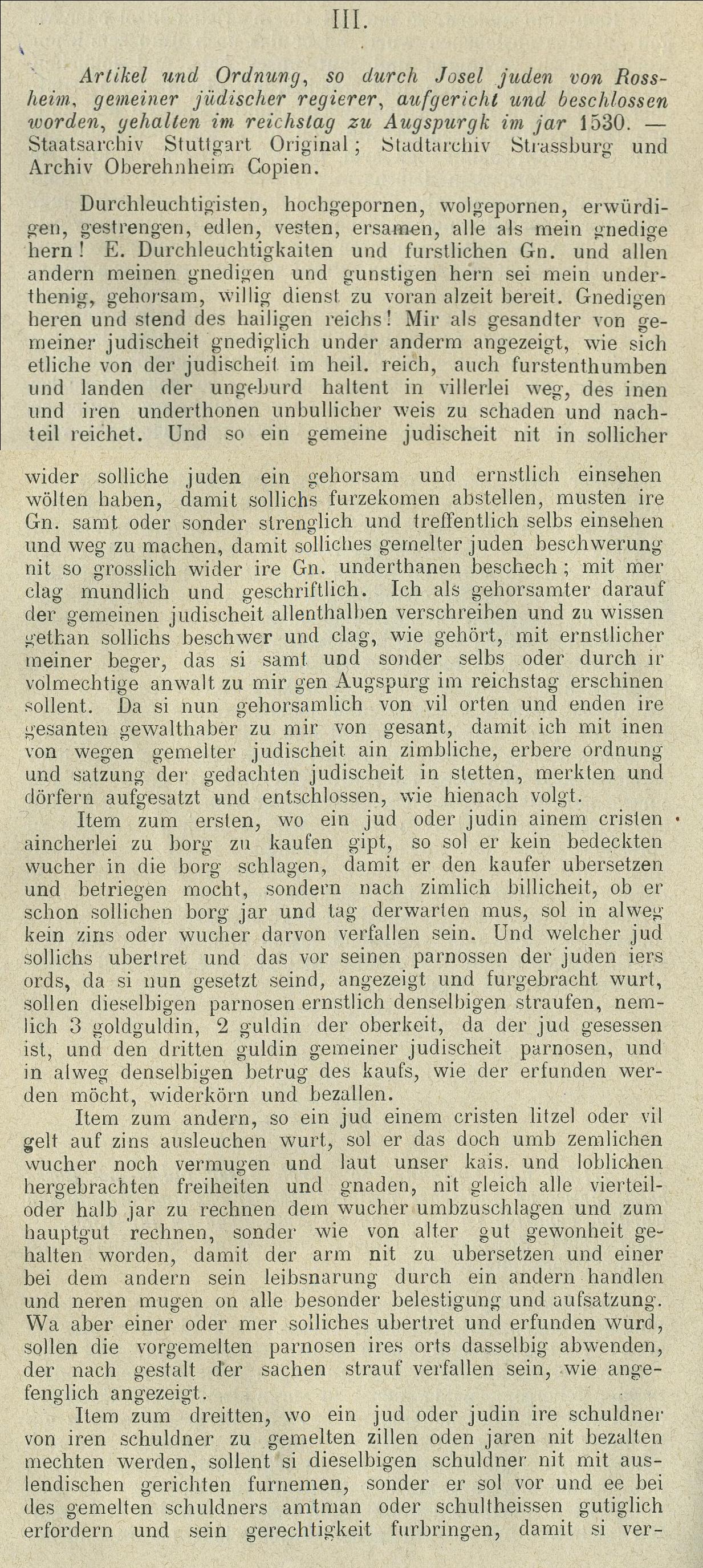 Artikel und Ordnung, so durch Josel juden von Rossheim, gemeiner jüdischer regierer, aufgericht und beschlossen worden, gehalten im reichstag zu Augspurgk im jar 1530