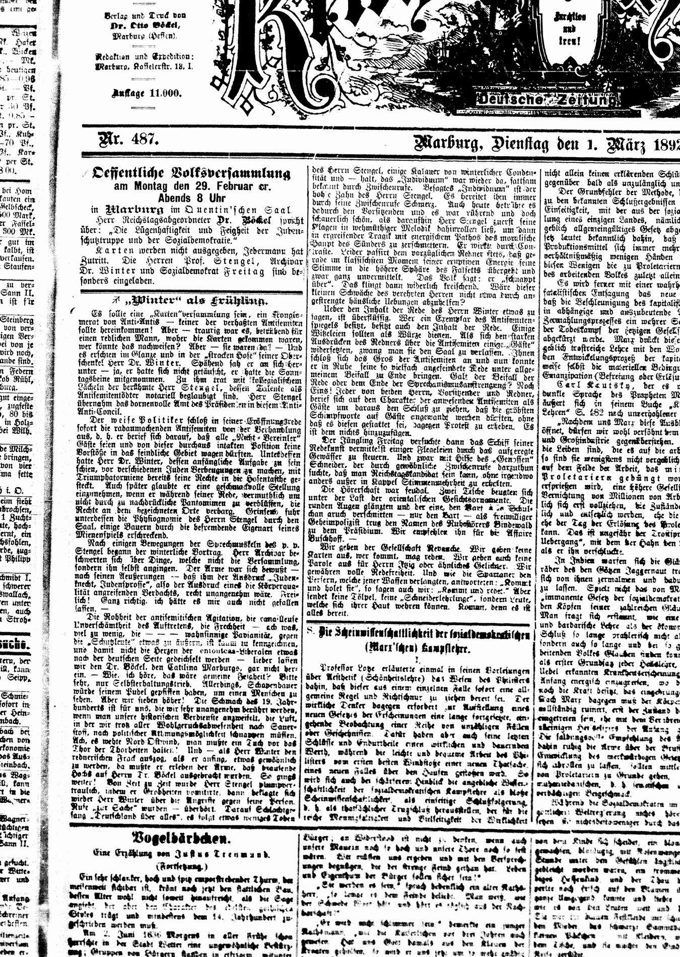 Zeitungsberichte zur Veranstaltung des Vereins zur Abwehr des Antisemitismus in Marburg, 24. Februar 1892.