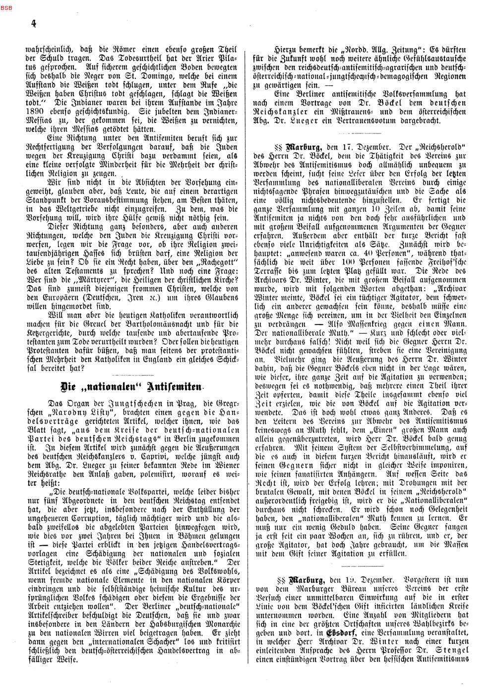 Zeitungsbericht zur ersten Veranstaltung des Vereins zur Abwehr des Antisemitismus Marburg im Marburger Umland, 17. Dezember 1891.