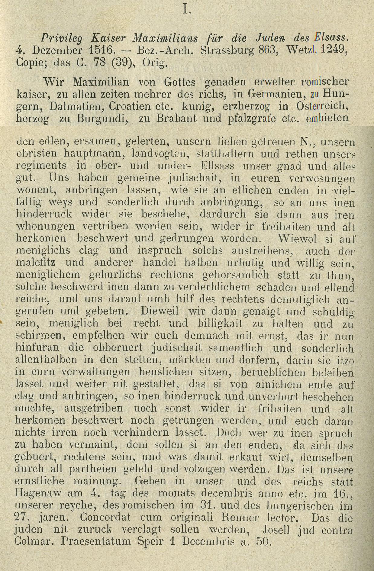 Privileg Kaiser Maximilians für die Juden des Elsass, 04.12.1516