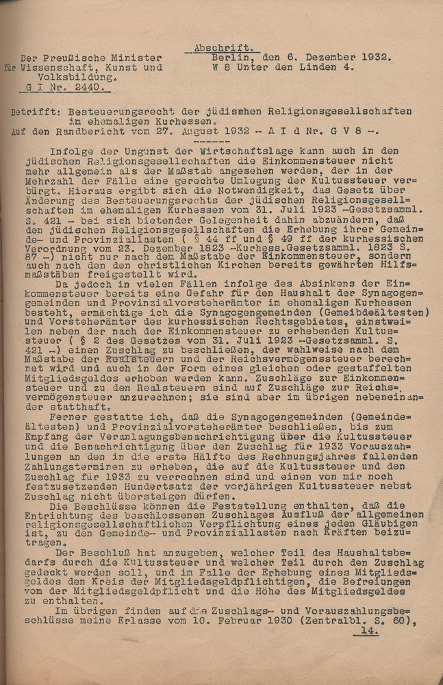 Erlass des Preußischen Ministers für Wissenschaft, Kunst und Volksbildung zum "Besteuerungsrecht der jüdischen Religionsgesellschaften im ehemaligen Kurhessen", 6. Dezember 1932