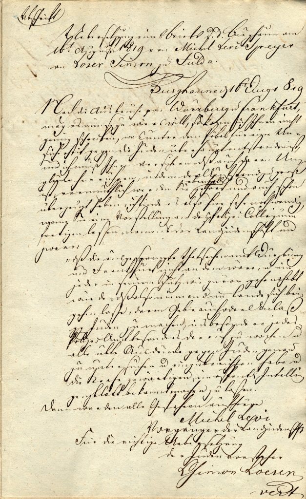 Brief des Landjudenvorgängers Michel Levi Speyer zu Burghaun an die Vorsteher der jüdischen Gemeinde zu Fulda, Burghaun, 16. August 1819