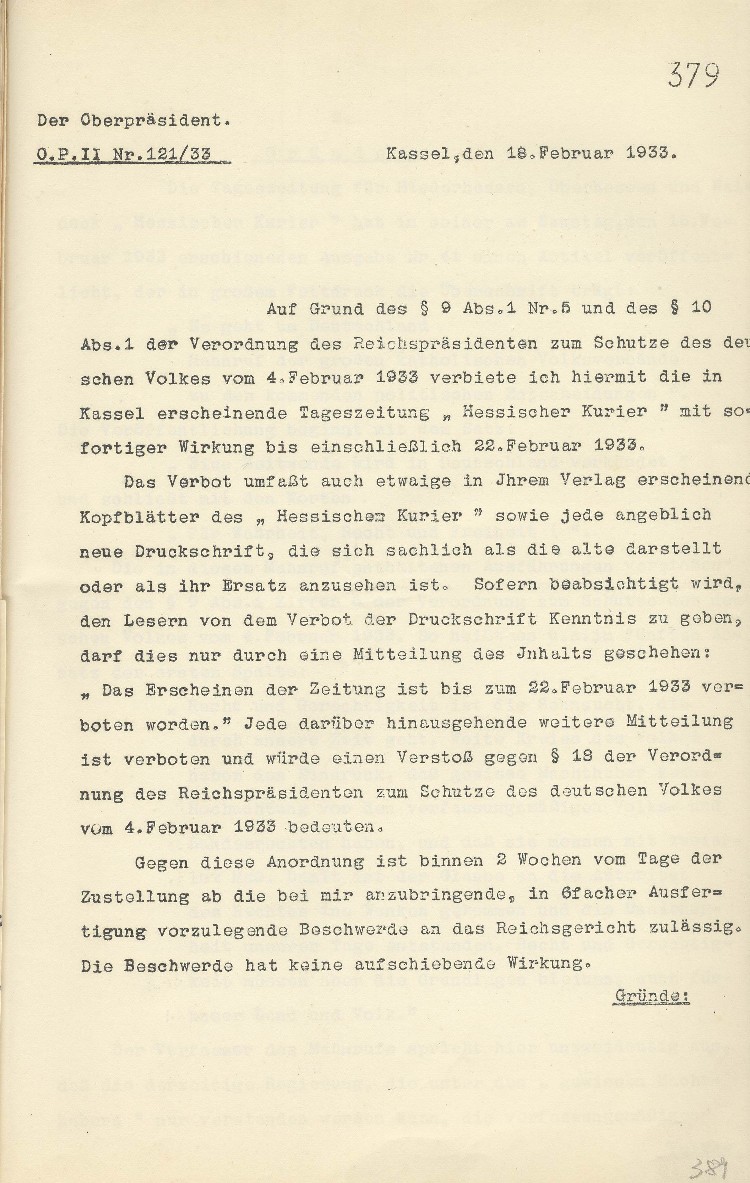 Verbot der Tageszeitung „Hessischer Kurier“, Kassel, bis einschliesslich 22.02.1933