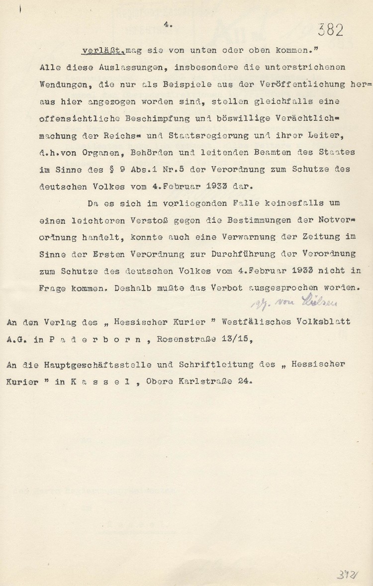 Verbot der Tageszeitung „Hessischer Kurier“, Kassel, bis einschliesslich 22.02.1933