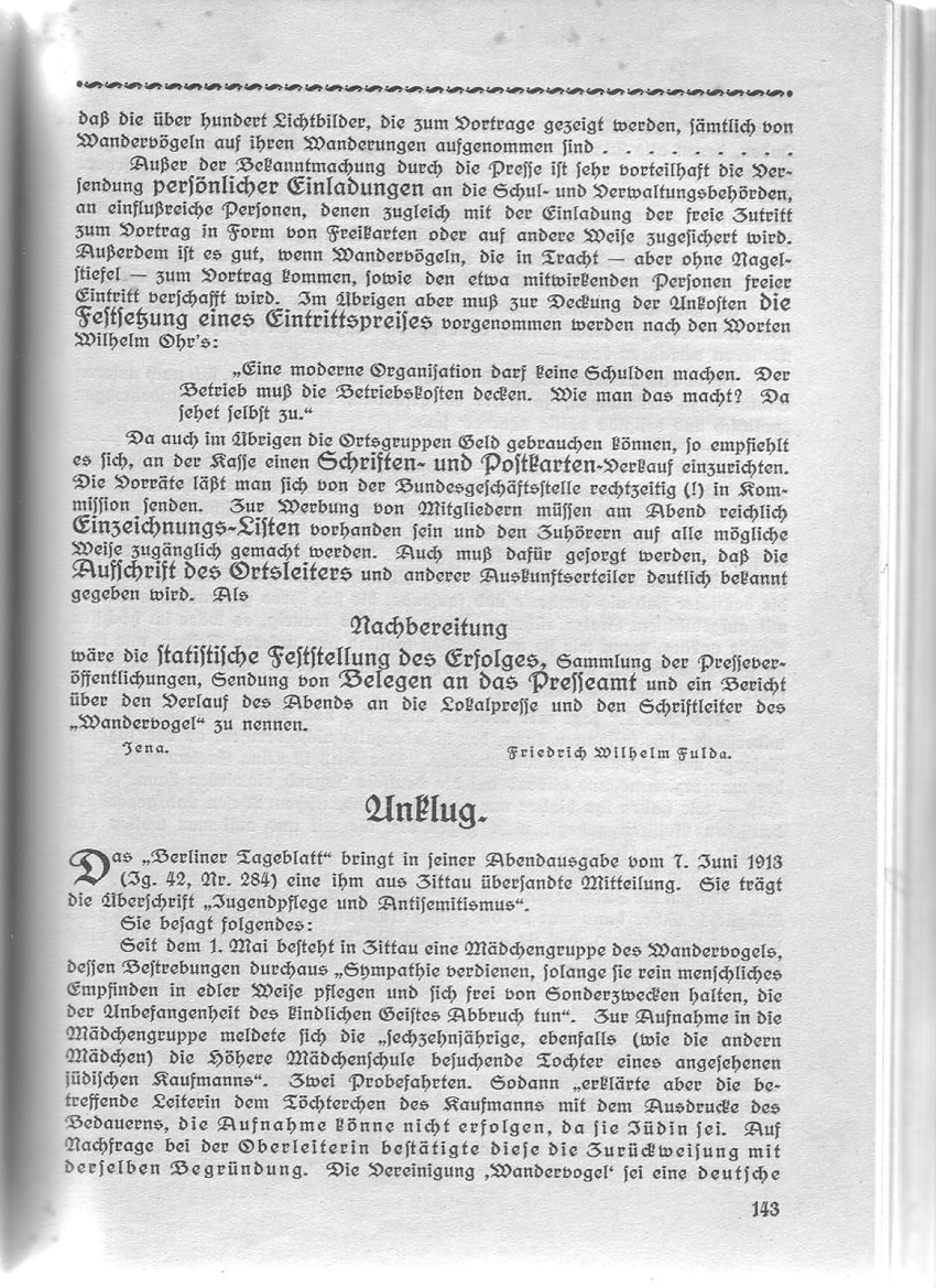 Artikel "Unklug" von Karl Wilker aus: "Wandervogel-Führerzeitung" Nr.8/1913