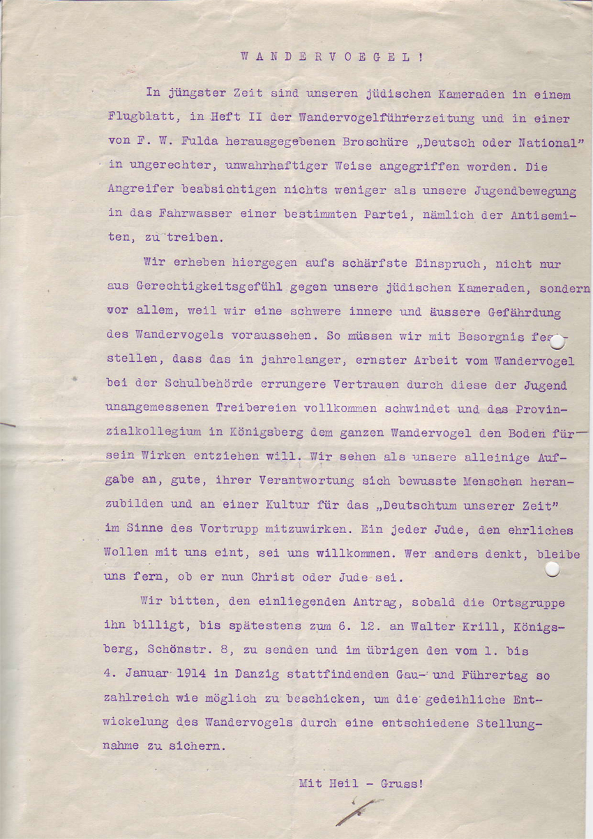 Stellungnahmen des Königsberger Wandervogels, Dezember 1913