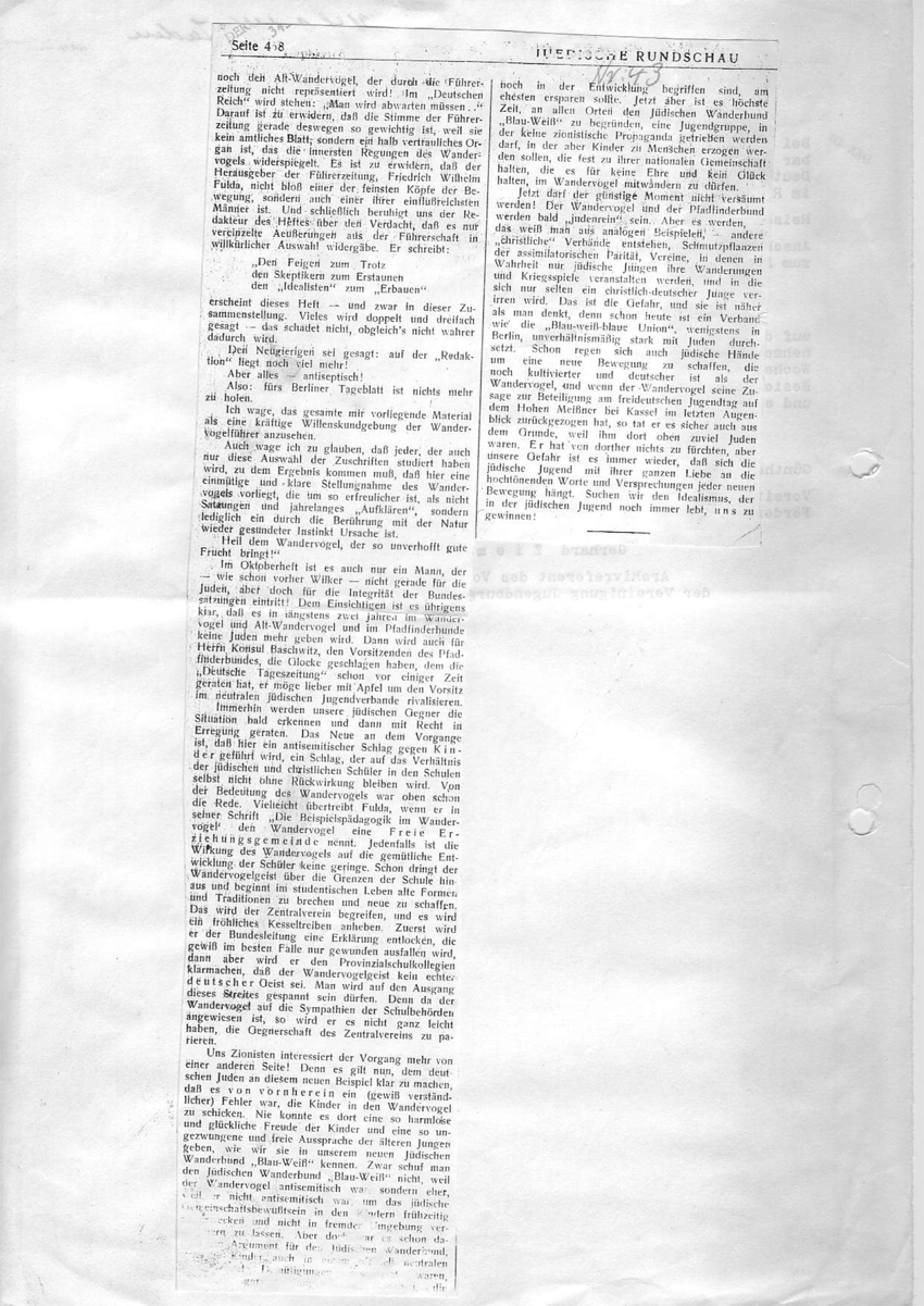 Artikel "Demaskierung im Wandervogel" aus: "Jüdische Rundschau" Nr. 43 vom 22.10.1913