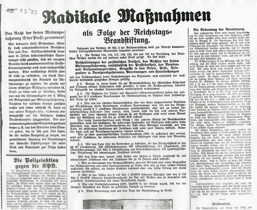 Hessisches Tageblatt vom 1. März 1933: "Radikale Maßnahmen als Folge der Reichstagsbrandstiftung"