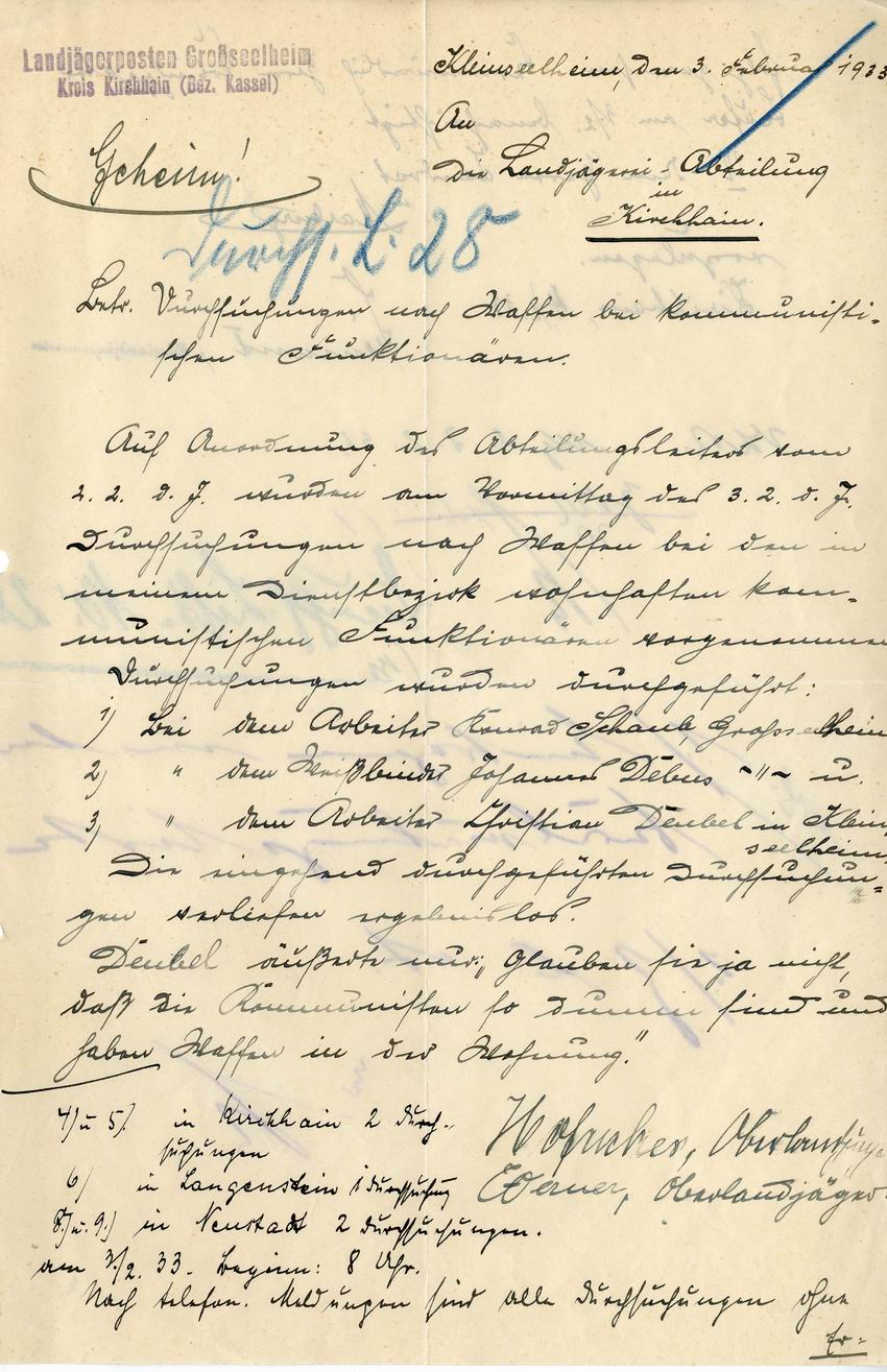 Geheimes Schreiben des Landjägerpostens Großseelheim an die Landjägerei Kirchhain vom 3. Februar 1933 betreffend die Durchsuchungen nach Waffen bei kommunistischen Funktionären