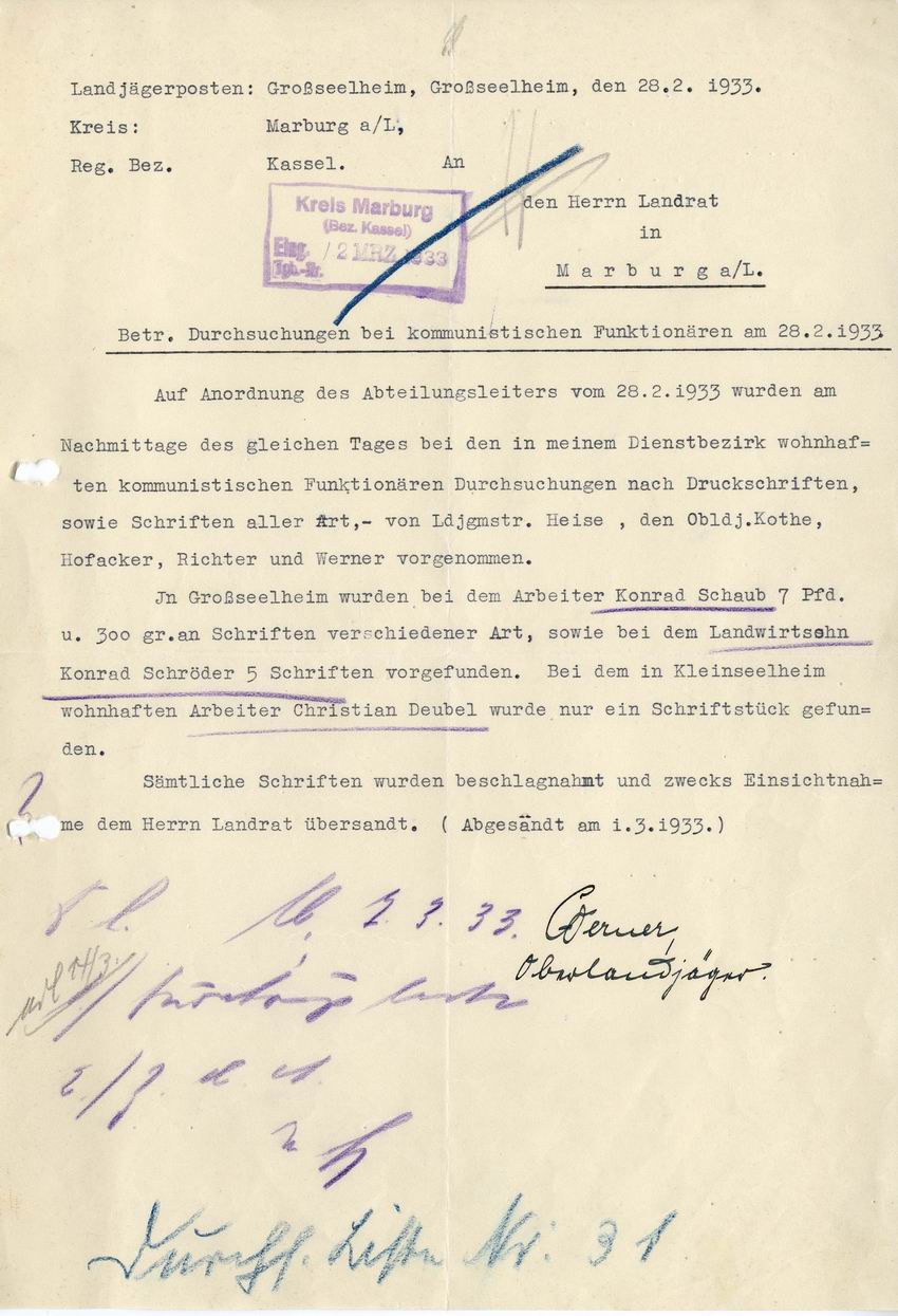 Schreiben des Landjägerpostens Großseelheim an den Landrat in Marburg vom 28. Februar 1933 betr. Durchsuchungen bei kommunistischen Funktionären