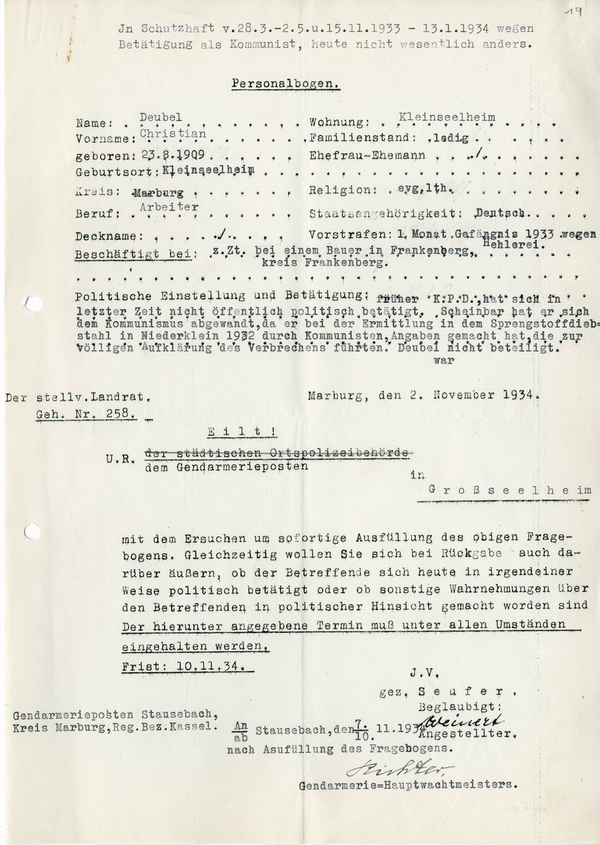 Schreiben des Landrats Marburg an den Gendarmerieposten Großseelheim vom 2. November 1934