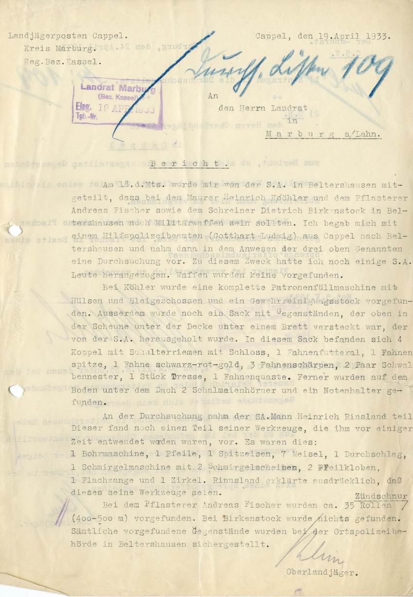 Schreiben des Landjägerpostens Cappel an den Herrn Landrat in Marburg/Lahn vom 19. April 1933