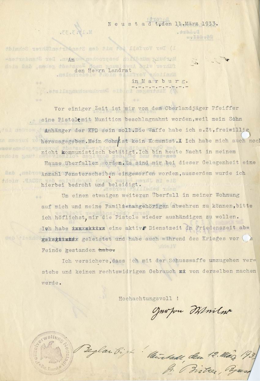 Einspruch eines Bürgers aus Neustadt gegen die bei der Hausdurchsuchung durchgeführte Beschlagnahme einer Waffe vom 11. März 1933