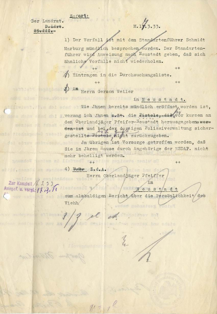Antwort des Landrats aus Marburg mit der Zurückweisung des Einspruchs vom 17. März 1933