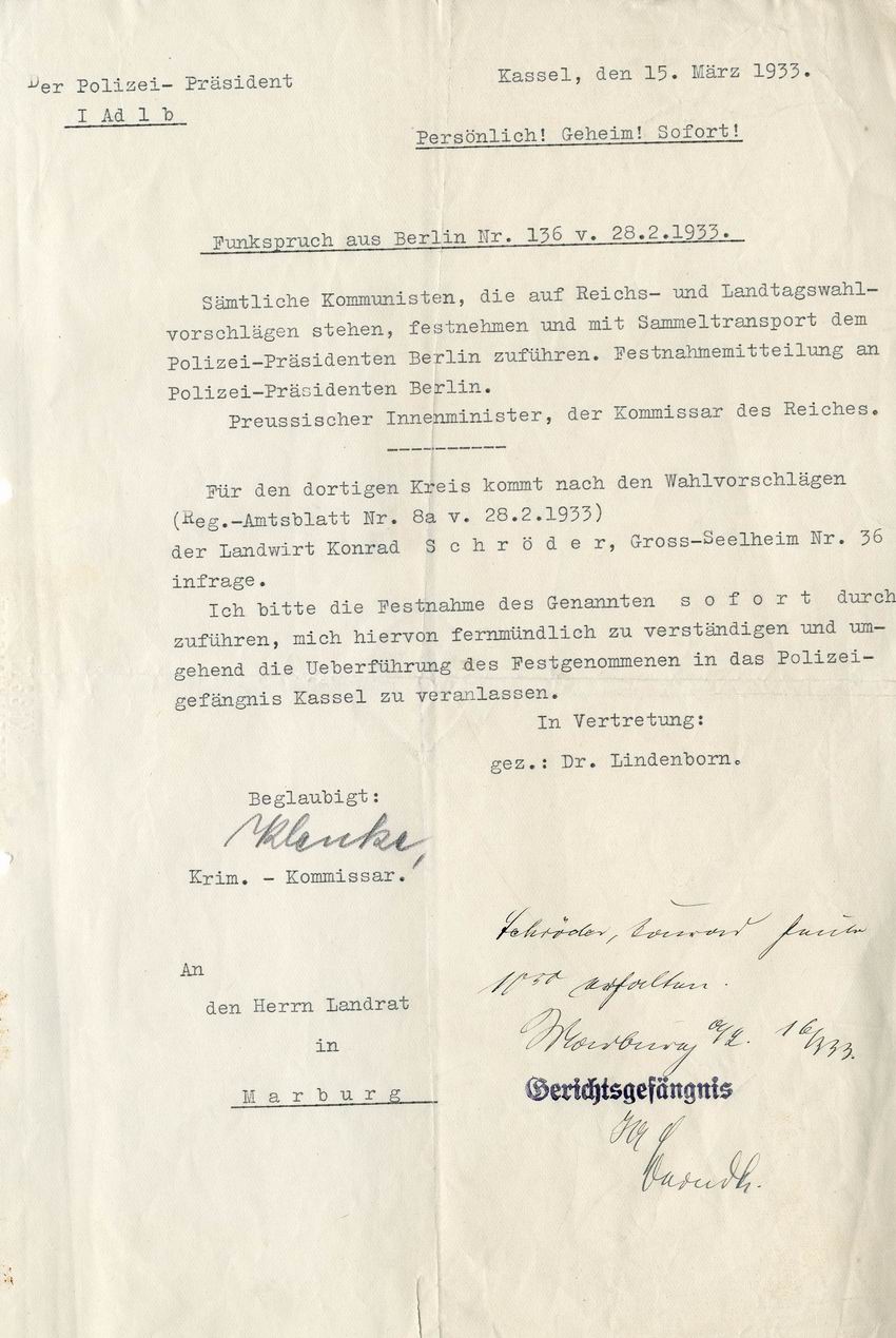 Geheimes Schreiben des Polizeipräsidenten Kassel an den Landrat in Marburg vom 15. März 1933 betr. Verhaftung von Kandidaten der KPD vor der Reichstagswahl