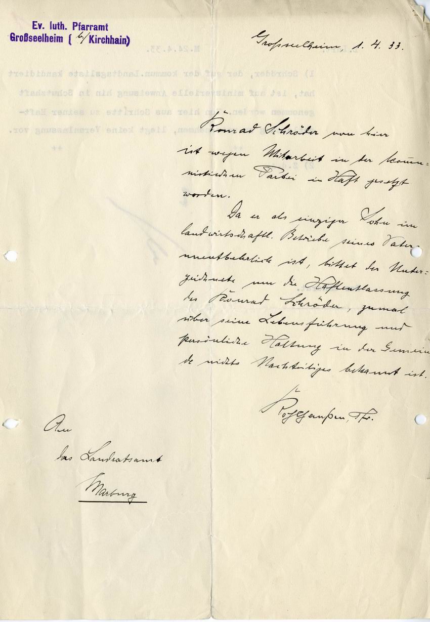 Schreiben des Pfarrers von Großseelheim an das Landratsamt Marburg vom 1. April 1933 mit der Bitte um Entlassung des Verhafteten Konrad S.