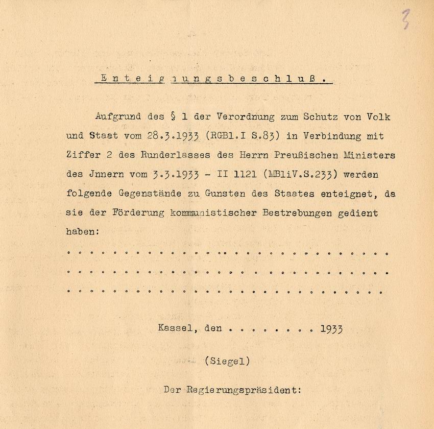 Formular: Enteignungsbeschluss aufgrund der Verordnung zum Schutz von Volk und Staat