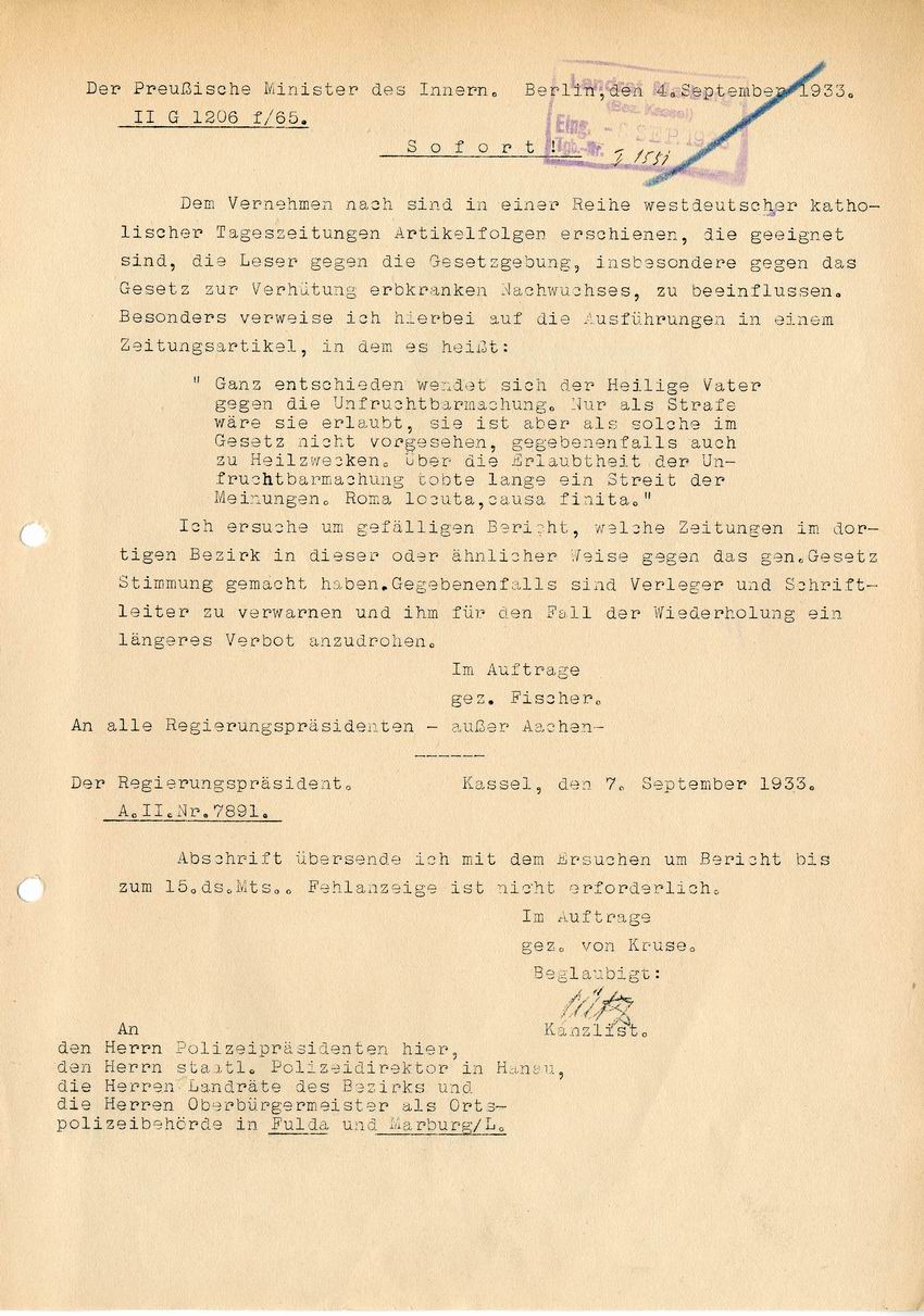 Rundschreiben des Preußischen Innenministers betr. katholische Tageszeitungen