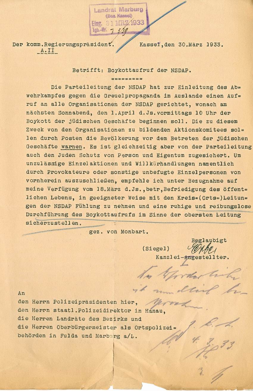 Rundschreiben betr. Boykottaufruf der NSDAP