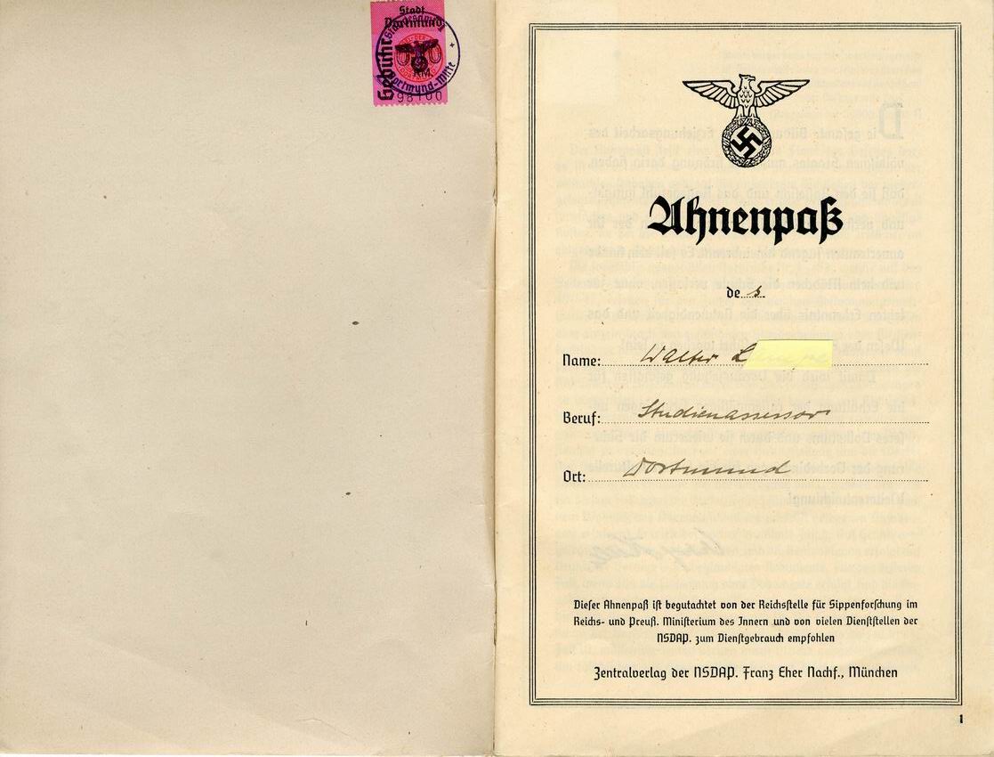 Auszüge aus einem Ahnenpass nach dem Gesetz zur Wiederherstellung des Berufsbeamtentums vom 7. April 1933