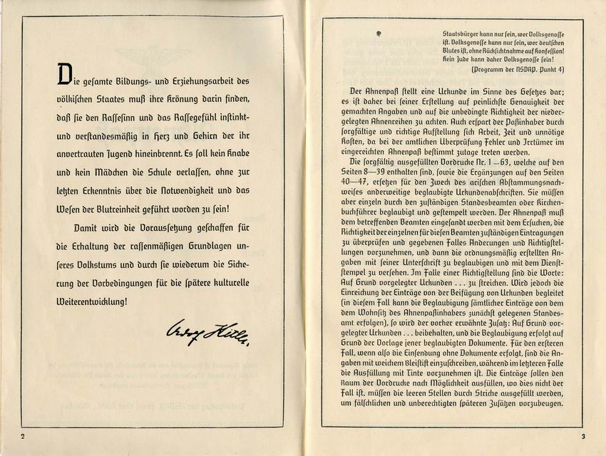 Auszüge aus einem Ahnenpass nach dem Gesetz zur Wiederherstellung des Berufsbeamtentums vom 7. April 1933