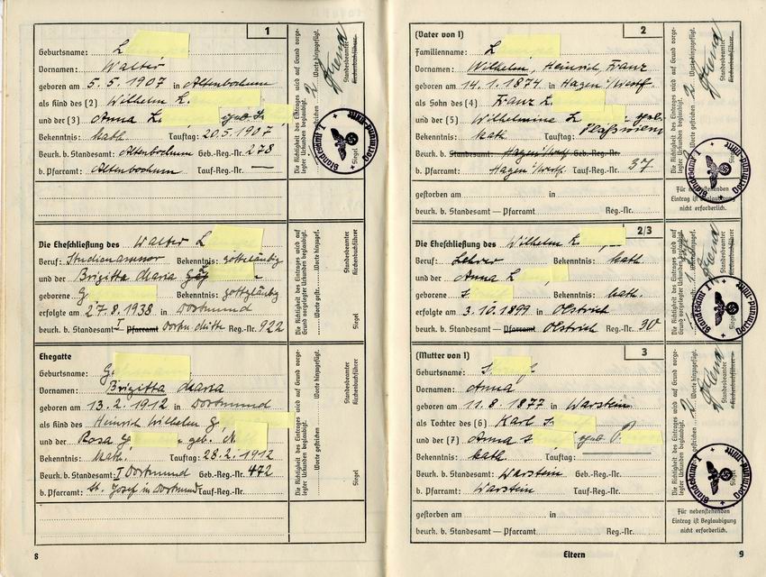 Auszüge aus einem Ahnenpass nach dem Gesetz zur Wiederherstellung des Berufsbeamtentums vom 7. April 1933