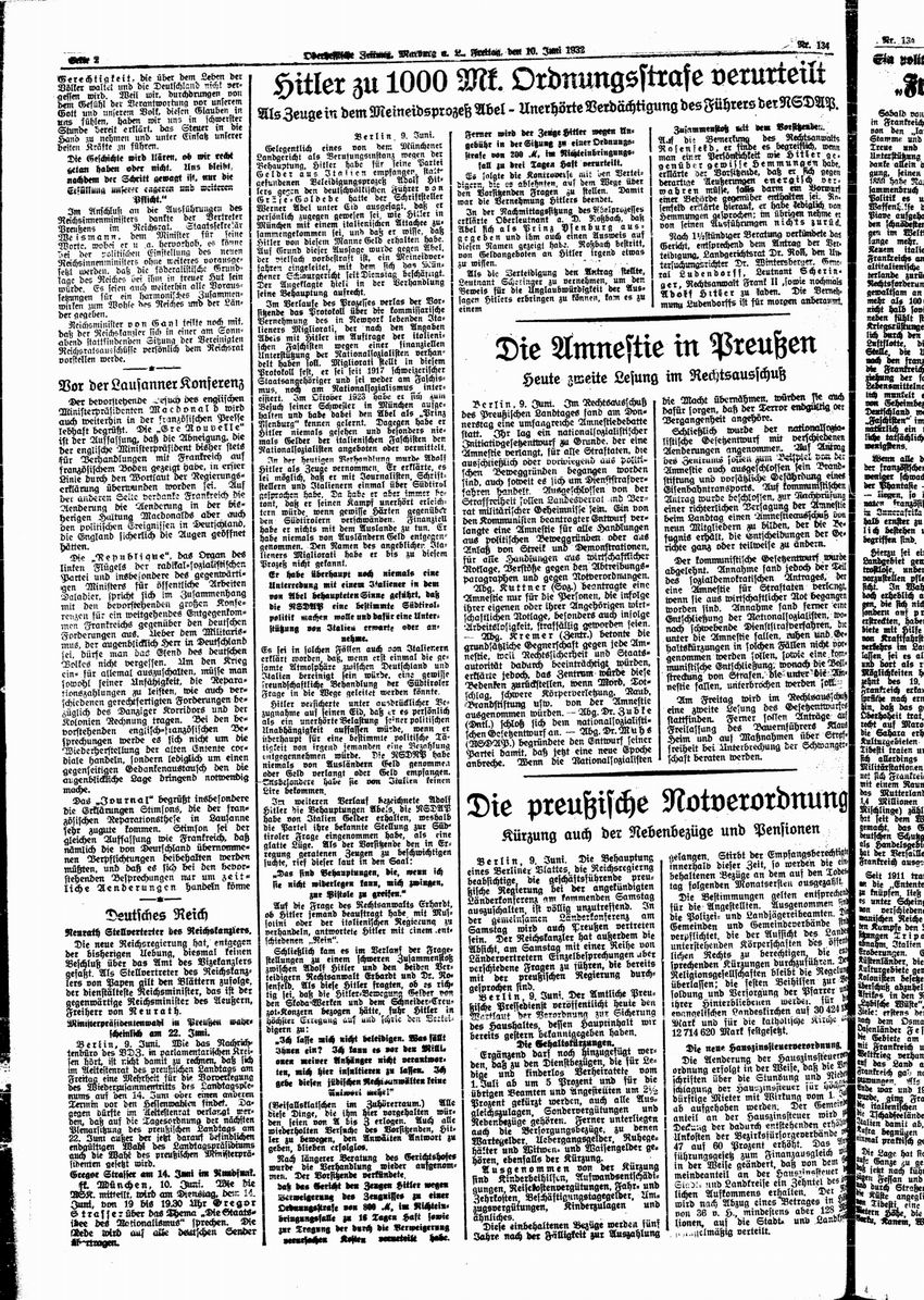 Zeitungsartikel vom 10. Juni 1932: Hitler zu 1000 Mk. Ordnungsstrafe verurteilt