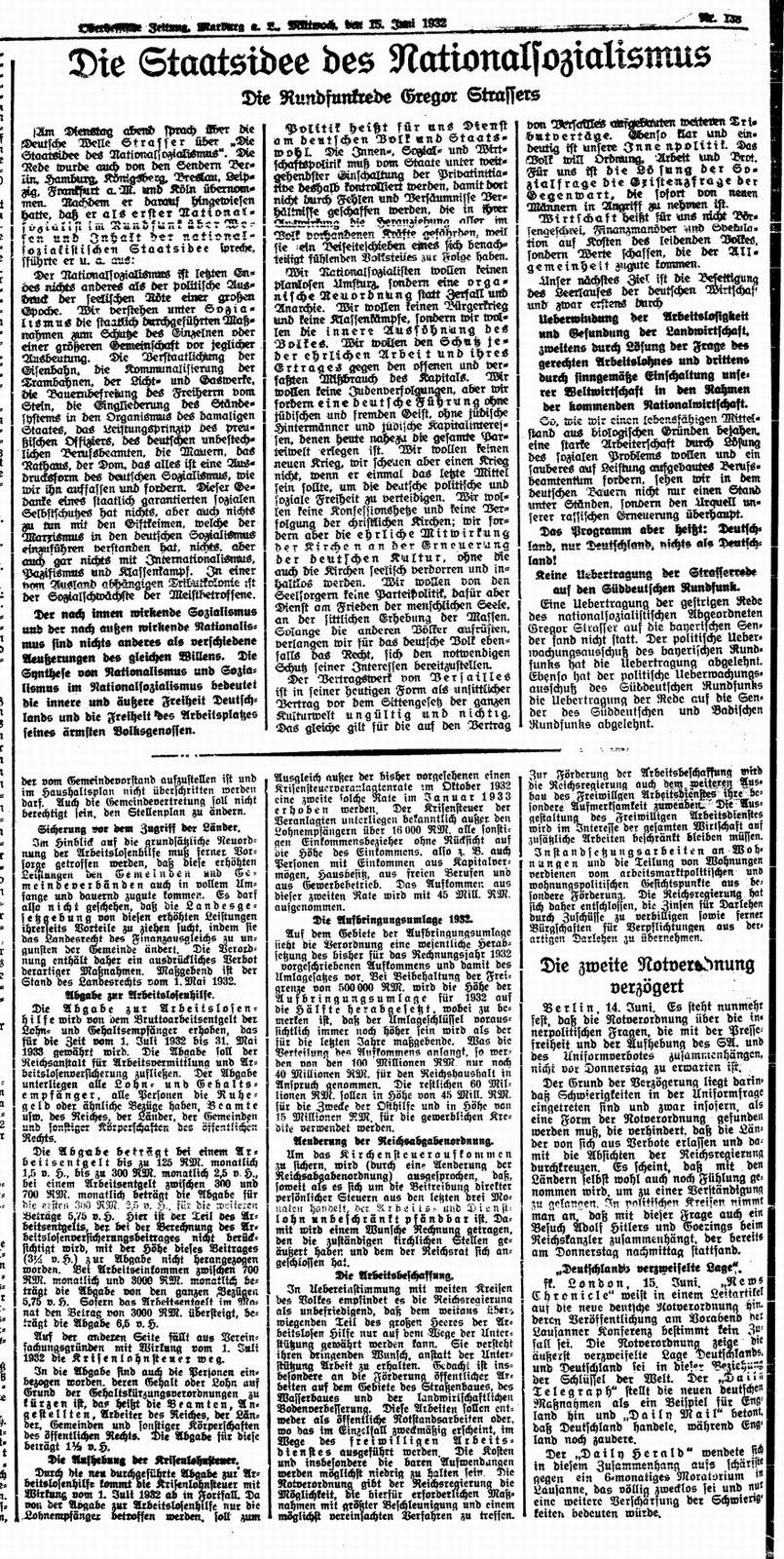 Zeitungsartikel vom 15. Juni 1932: Die Staatsidee des Nationalsozialismus. Die Rundfunkrede Gregor Strassers