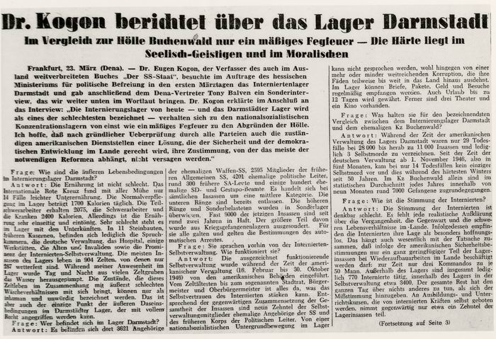 Bild zum Dokument Zeitungsartikel: "Dr. Kogon berichtet über das Lager Darmstadt