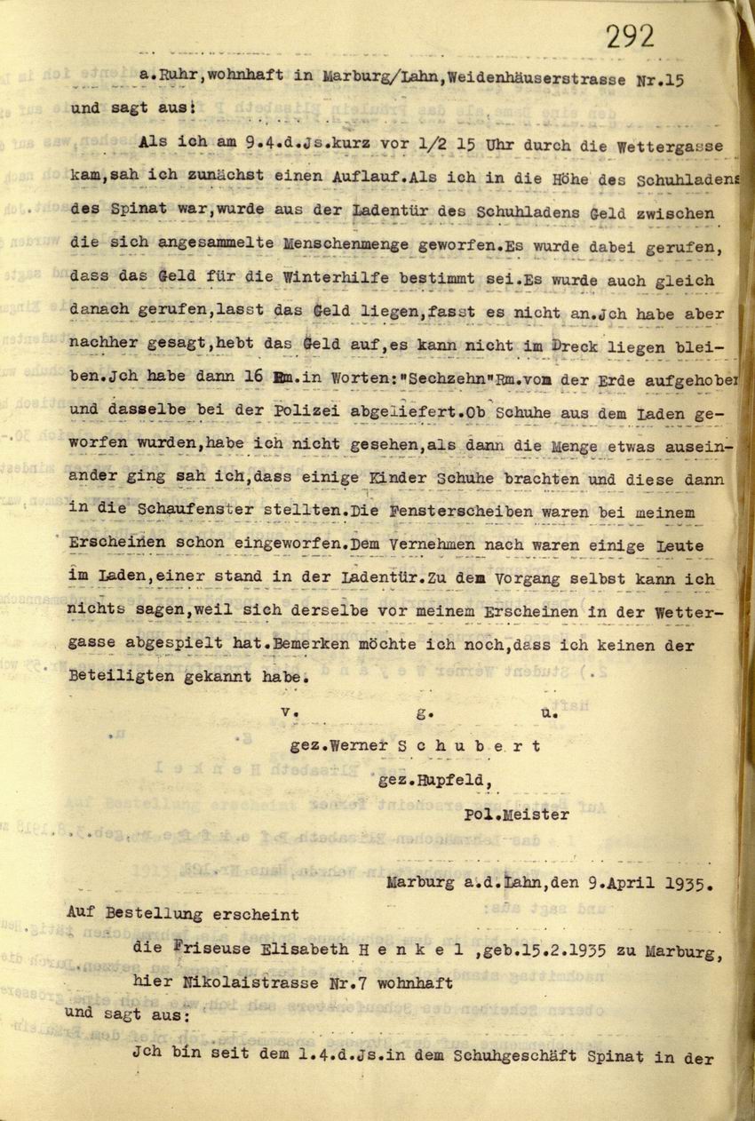 Zeugenaussage des Studenten Werner Schubert zu den Ausschreitungen gegen das Schuhhaus Spinat, 09.04.1935