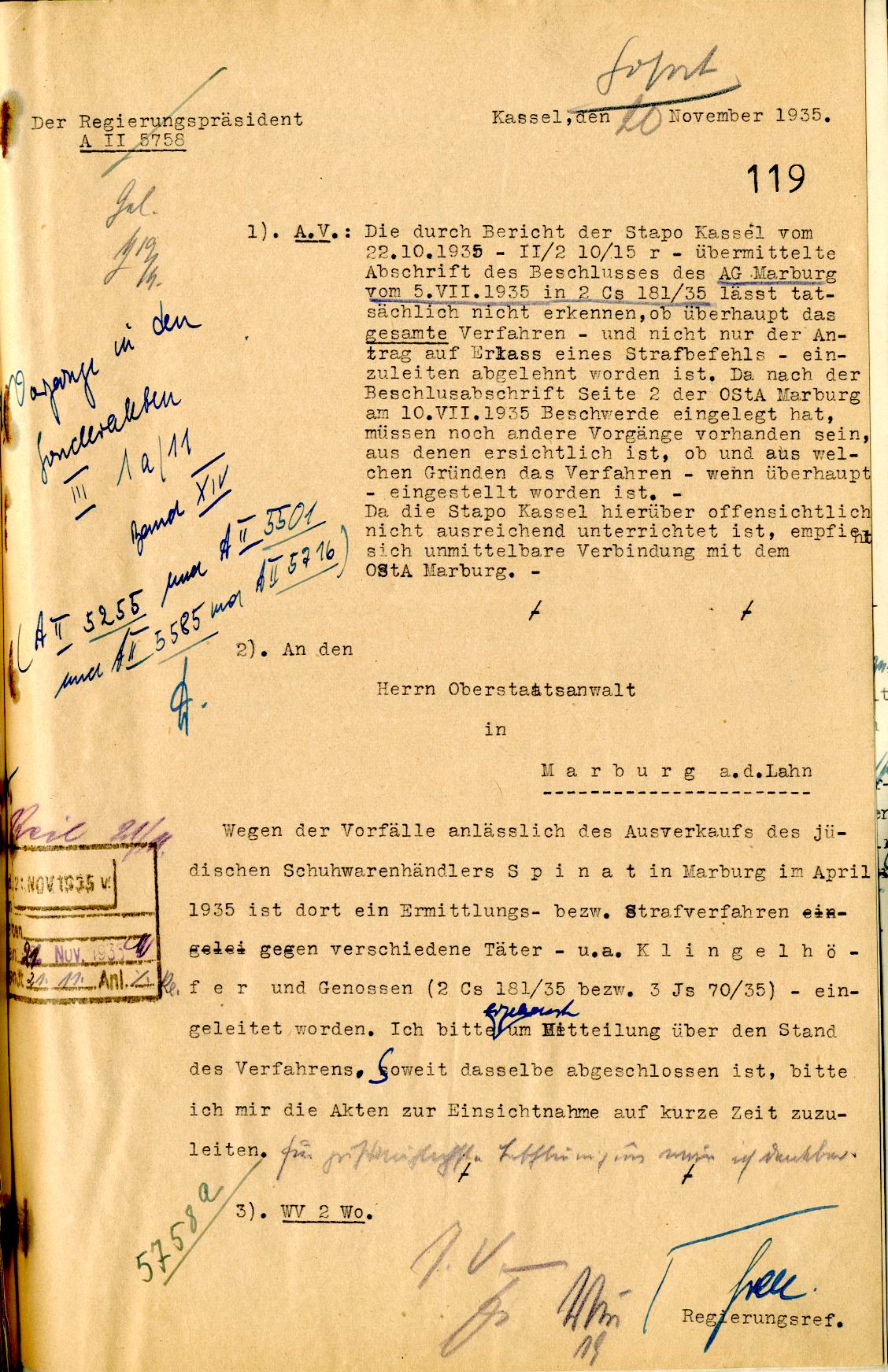 Schreiben des Regierungspräsidenten Kassel an den Oberstaatsanwalt in Marburg zumÜberfall auf das Schuhhaus Spinat, 10.11.1935