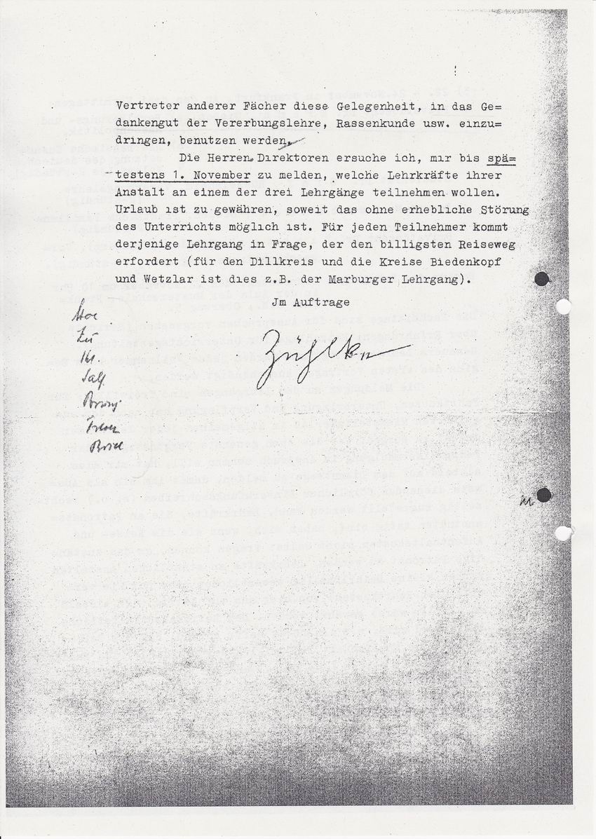 Schreiben der Abteilung für höheres Schulwesen an die Schulen im Amtsbereich betr. Umschulung der Lehrerschaft vom 23.10.1934