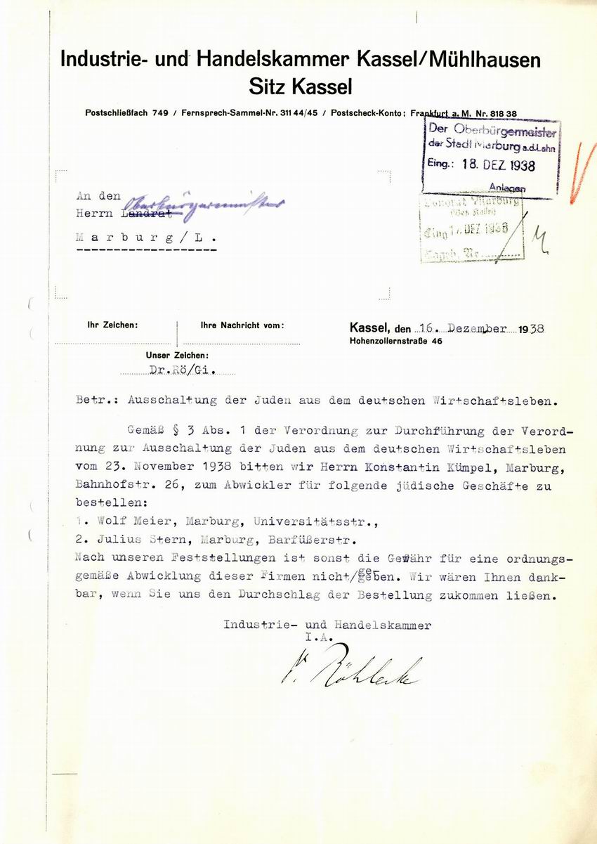 Schreiben der Industrie- und Handelskammer Kassel zur Bestellung eines Abwicklers für jüdische Geschäfte in Marburg vom 16. Dezember 1938