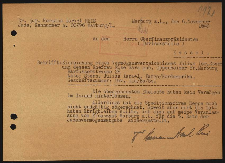Mitteilung des Rechtsanwalts Hermann Reis an die Devisenstelle Kassel über die zum Zeitpunkt der Ausreise von Julius und Else Stern verbliebenen Vermögenswerte vom 30. Oktober 1939