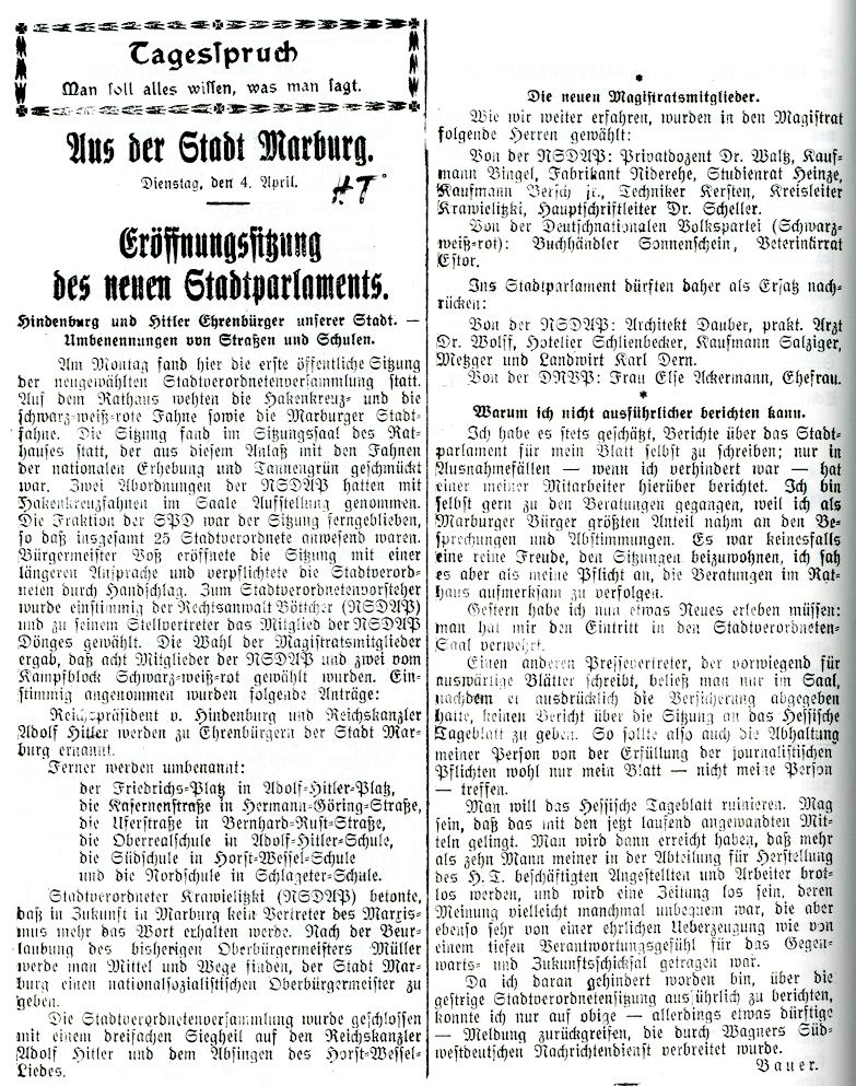 Bild zum Dokument Artikel des HT betr. Eröffnungssitzung des neuen Stadtparlamen