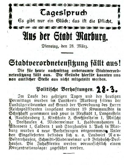 Bild zum Dokument Artikel des HT betr. politische Verhaftungen vom 28. März 1933