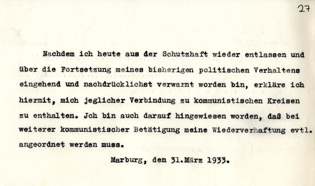Bild zum Dokument Erklärung eines aus der Haft entlassenen Schutzhäftlings vom 3