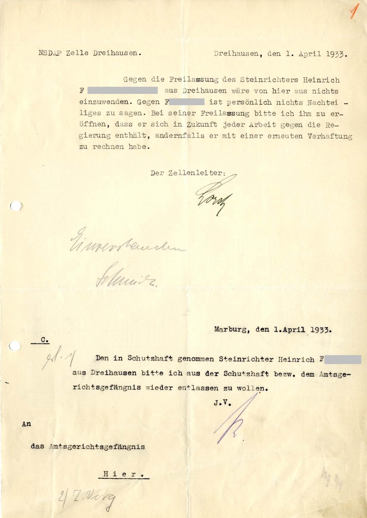 Bild zum Dokument Schreiben der NSDAP-Zelle Dreihausen betr. Freilassung eines S