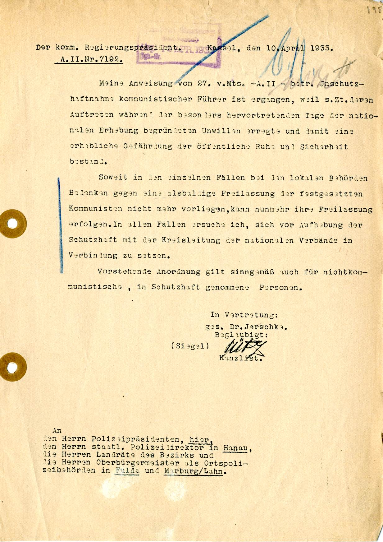 Bild zum Dokument Schreiben des Regierungspräsidenten Kassel betr. Anordnung zur