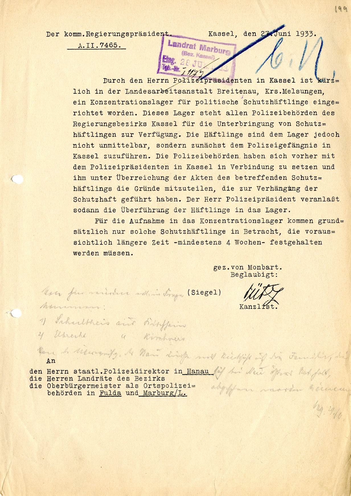 Bild zum Dokument Einrichtung eines Konzentrationslagers in Breitenau, 27. Juni
